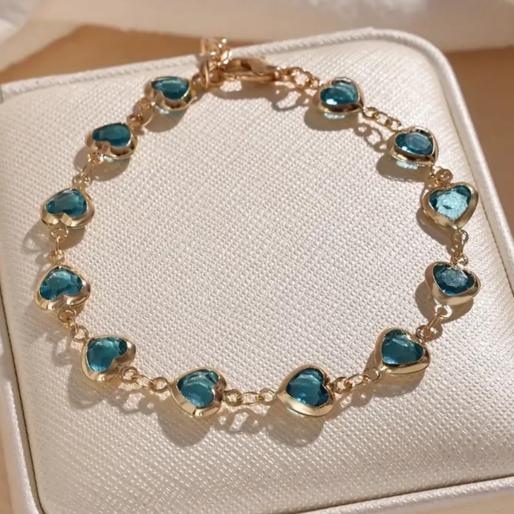 Blue Sapphire Heart Charm Bracelet with Gold 18k Chain  Elegant Cute